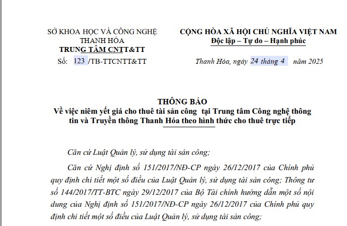 Thông báo về việc niêm yết giá cho thuê tài sản công tại Trung tâm Công nghệ thông tin và Truyền thông Thanh Hóa