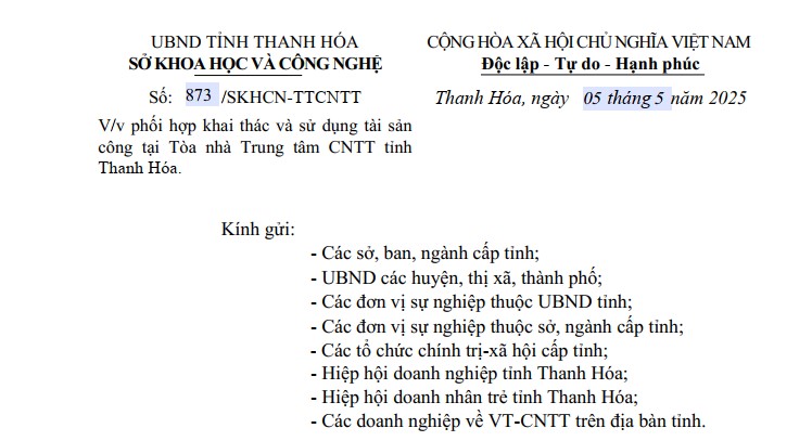 Công văn về việc phối hợp khai thác và sử dụng tài sản công tại Tòa nhà Trung tâm CNTT tỉnh Thanh Hóa.