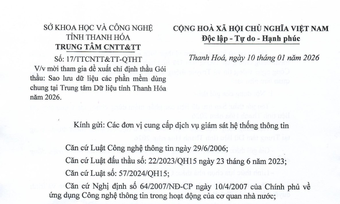 Công văn về việc  mời tham gia đề xuất chỉ định thầu Gói thầu: Sao lưu dữ liệu các phần mềm dùng chung tại Trung tâm Dữ liệu tỉnh Thanh Hóa năm 2026