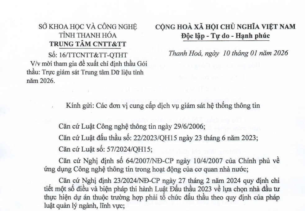 Công văn về việc mời tham gia đề xuất chỉ định Gói thầu: Trực giám sát Trung tâm Dữ liệu tỉnh năm 2026
