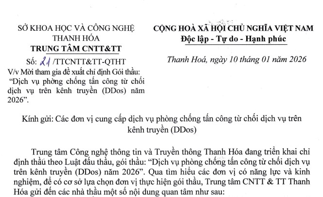 Công văn về việc mời tham gia đề xuất chỉ định Gói thầu Dịch vụ phòng chống tấn công từ chối dịch vụ trên kênh truyền (DDos) năm 2026