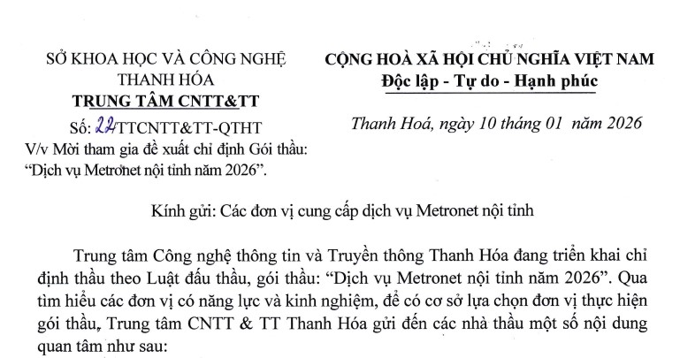 Công văn về việc mời tham gia đề xuất chỉ định Gói thầu Dịch vụ Metronet nội tỉnh năm 2026