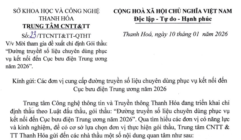 Công văn về việc mời tham gia đề xuất chỉ định Gói thầu: Đường truyền số liệu chuyên dùng phục vụ kết nối đến Cục bưu điện Trung ương năm 2026