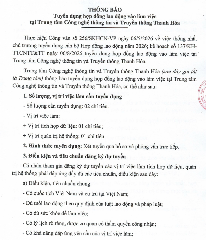THÔNG BÁO TUYỂN DỤNG HỢP ĐỒNG LAO ĐỘNG NĂM 2026 TẠI TRUNG TÂM CÔNG NGHỆ THÔNG TIN VÀ TRUYỀN THÔNG THANH HÓA
